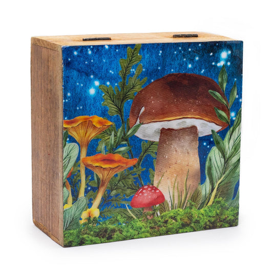 Förvaringslåda i mangoträ – 15x17.5x8CM Mushroom Design Teal, förvaringslåda med skogssvampsillustration i teal och lock med gångjärn