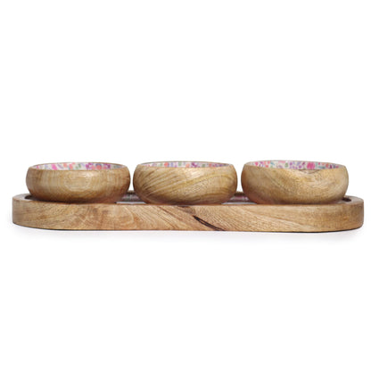 Mango Wood Tray with 3 Bowls – Pretty Floral, handcrafted mango wood serving tray with three floral ceramic bowls for dips and snacks