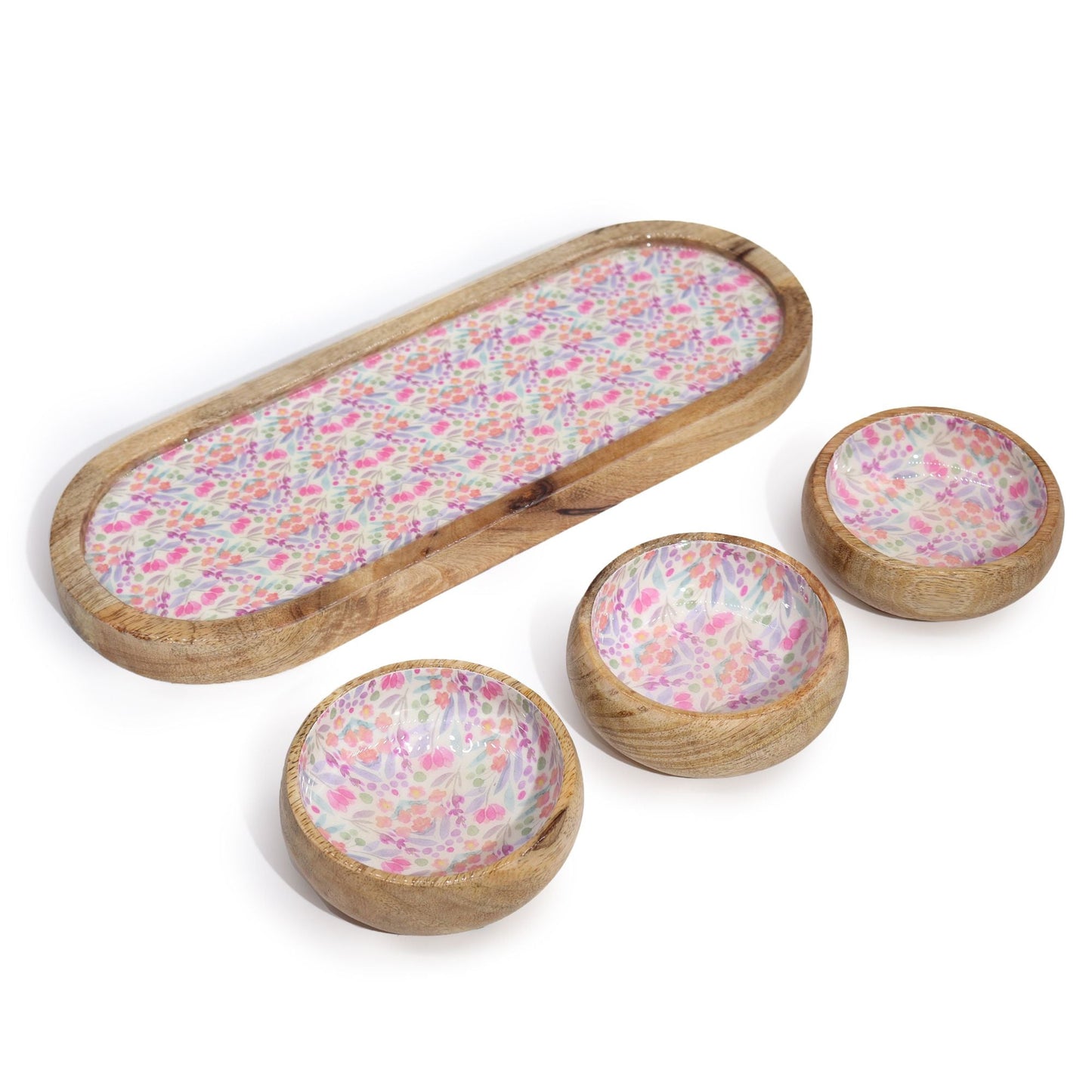 Mango Wood Tray with 3 Bowls – Pretty Floral handcrafted mango wood tray with three floral ceramic bowls for snacks, dips and condiments