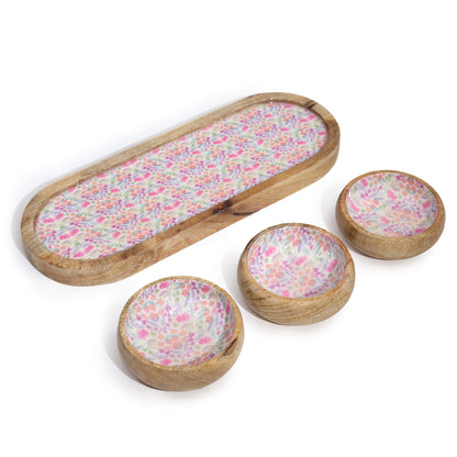 Mango Wood Tray with 3 Bowls – Pretty Floral handcrafted mango wood tray with three floral ceramic bowls for snacks, dips and condiments