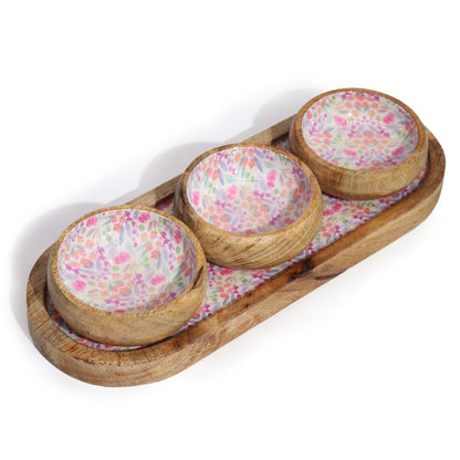 Mango Wood Tray with 3 Bowls – Pretty Floral, handcrafted mango wood serving tray with three floral hand-painted ceramic bowls