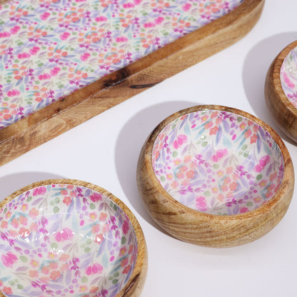 Alt Tag: Mango Wood Tray with 3 Bowls – Pretty Floral, handcrafted mango wood tray and 3 floral hand-painted ceramic bowls