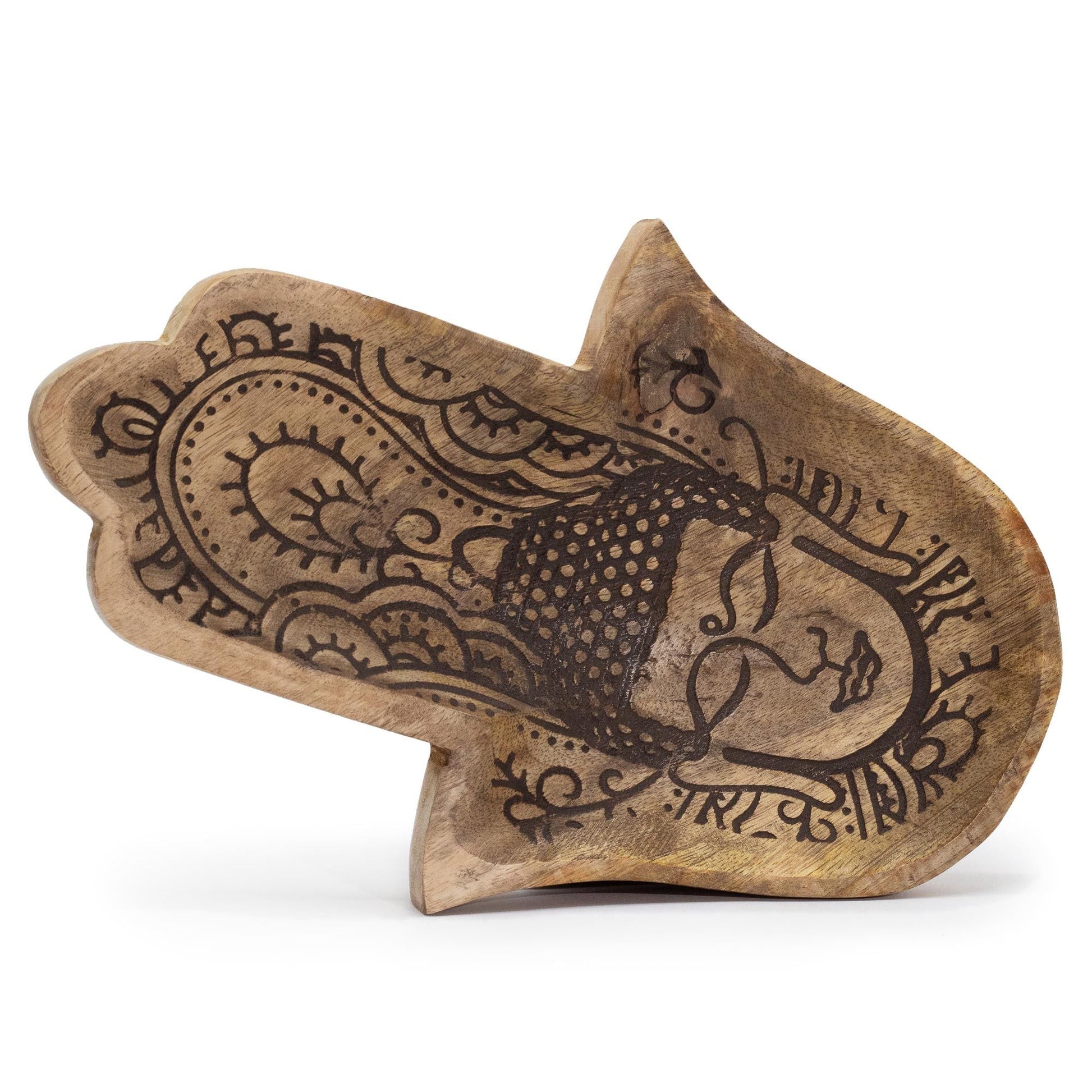 Alt-Tag: Tablett aus Mangoholz – Hamsa Buddha Schwarz graviert 30x20.5x2.5CM, Hamsa-Hand-Tablett mit Buddha-Gravur aus Mangoholz