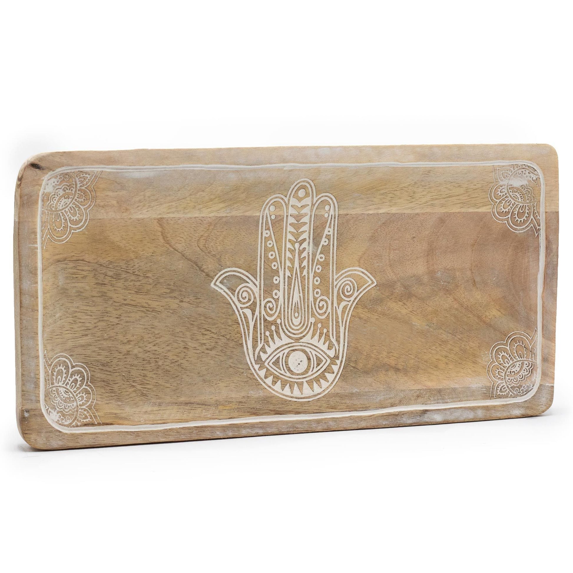 Alt Tag: Bricka i mangoträ – Hamsa Whitewash 30x15x2.5CM rektangulär vitkalkad serveringsbricka i mangoträ med handgjord Hamsa-design