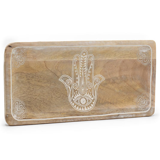 Alt Tag: Mango Wood Tray – Hamsa Whitewash 30x15x2.5CM rectangular whitewashed mango wood serving tray with handcrafted Hamsa design