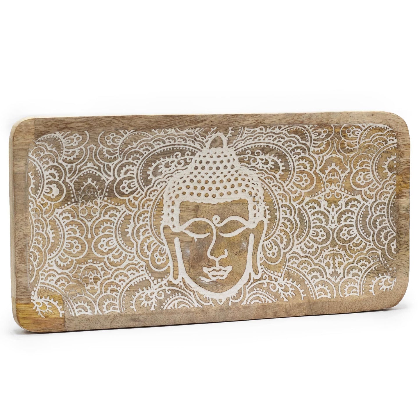 Alt-tag: Bricka i mangoträ – vitkalkat Buddha-ansikte 30x15x2,5 cm rektangulär bricka i mangoträ med vitkalkad, snidad design med Buddha-ansikte