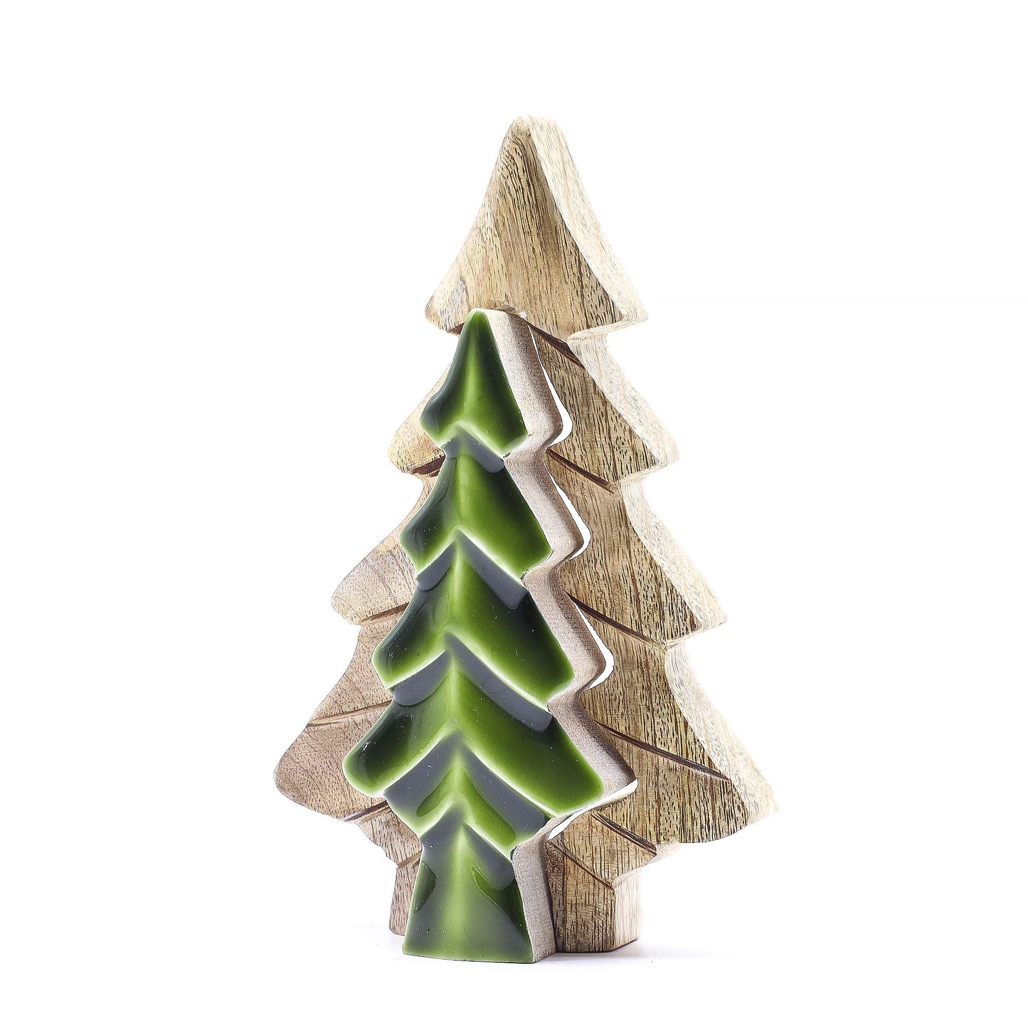 Träddekoration i mangoträ – 15x10 CM, träornament med grön emaljinläggning, skogsinspirerad hyllinredning