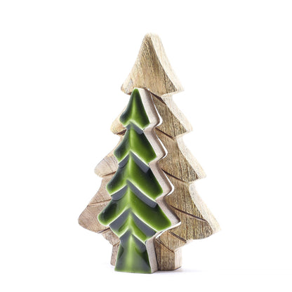 Träddekoration i mangoträ – 15x10 CM, träornament med grön emaljinläggning, skogsinspirerad hyllinredning
