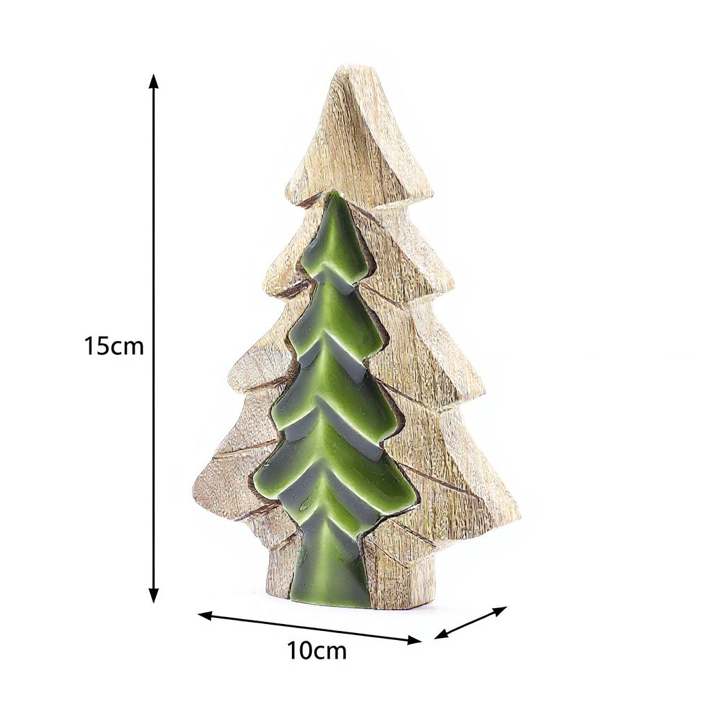 Dekoration i mangoträ – 15x10 CM, träd i mangoträ med grön emaljinläggning, 15 cm högt x 10 cm brett