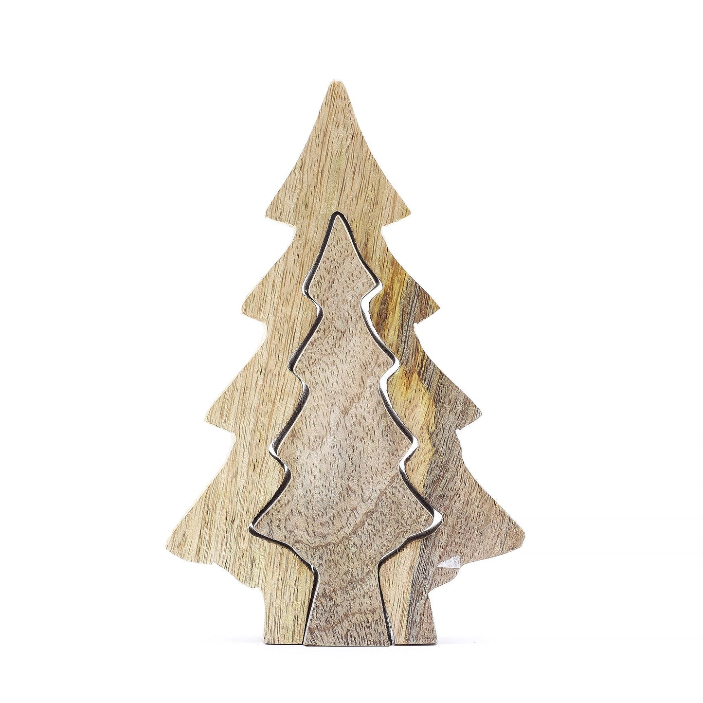 Mango Wood Tree Decoration – 15x10 CM, trädornament i mangoträ med träd-silhuett, grön emaljdetalj