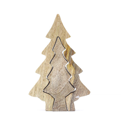 Mango Wood Tree Decoration – 15x10 CM, trädornament i mangoträ med träd-silhuett, grön emaljdetalj