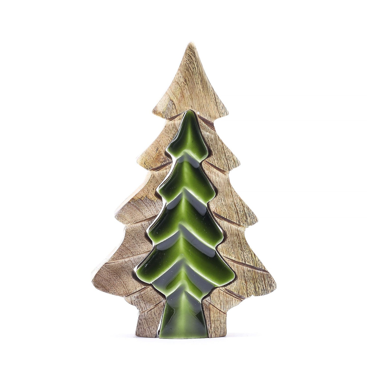 Träddekoration i mangoträ – 15x10 CM, trädornament i trä med grön emaljinläggning, skogsinspirerad bordsdekoration