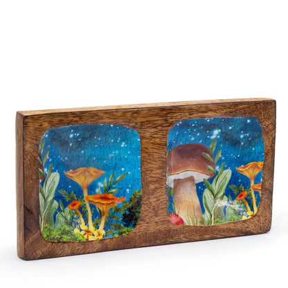 Smyckesbricka i mangoträ – Mushroom Design Teal 20x10x2.5 CM, rektangulär turkos svampillustration på smyckesbricka i mangoträ