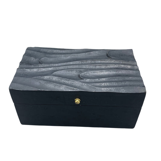 Alt Tag: Mango Wood Vintage Deco Box – Black Swirls 22x12x10 CM black engraved swirl wooden storage box with lid and brass knob