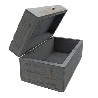Alt Tag: Mango Wood Deco Box – 22x12x10 CM Grey Star grey mango wood decorative storage box with hinged lid open view