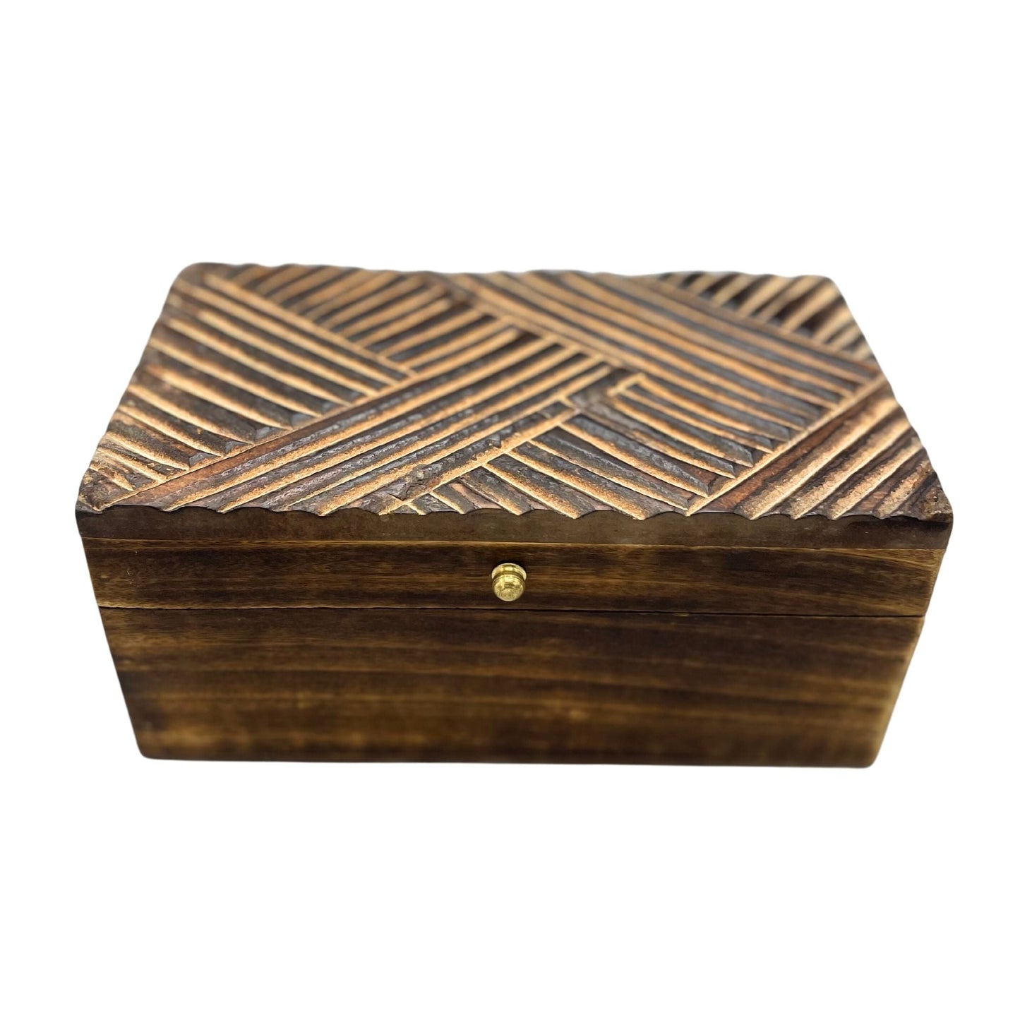 Alt Tag: Mango Wood Vintage Deco Box – 22x12x10 CM, carved mango wood storage box with vintage geometric lid and brass knob