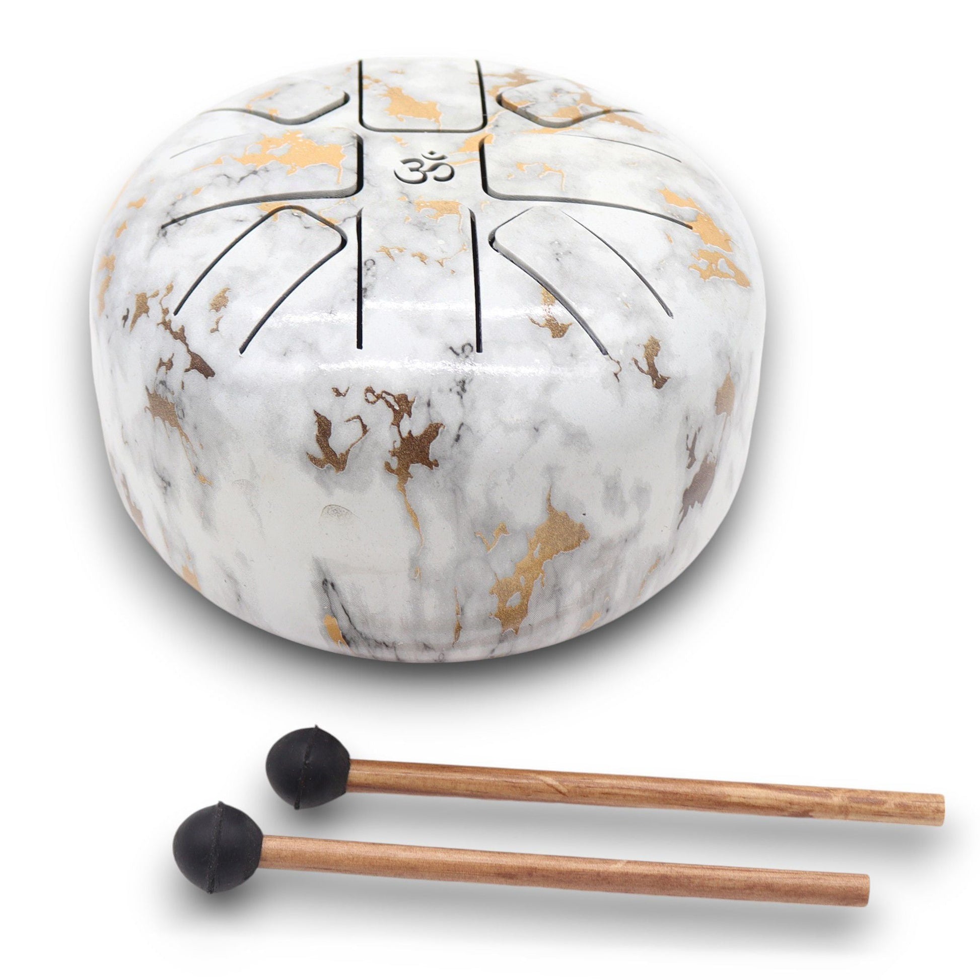 Alt Tag: Marble Steel Tongue Drum – 17x13 CM, tambor de lengua de acero con acabado mármol blanco y mazos incluidos