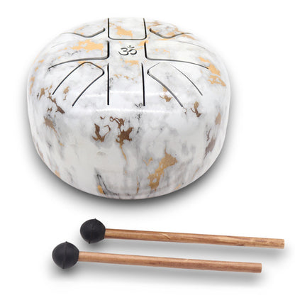 Alt Tag: Marble Steel Tongue Drum – 17x13 CM, tambor de lengua de acero con acabado mármol blanco y mazos incluidos