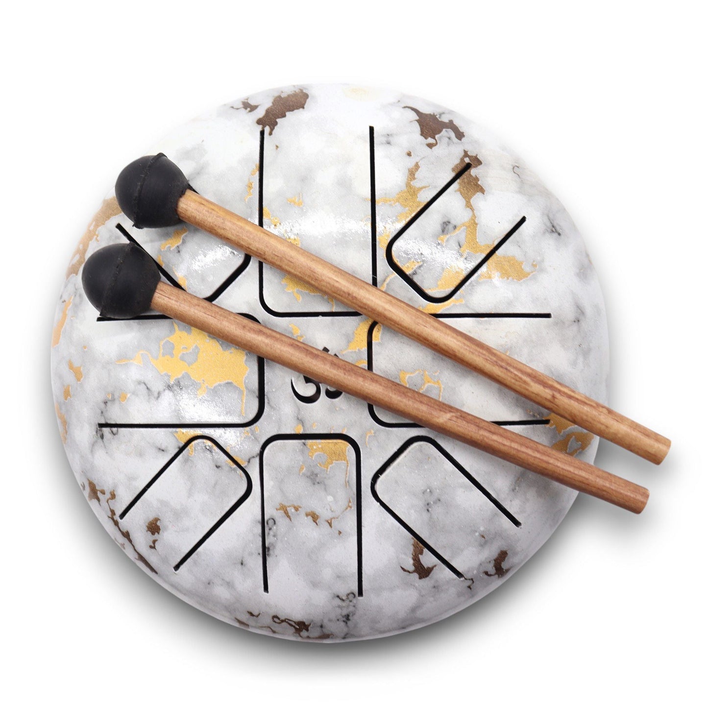 Alt Tag: Marble Steel Tongue Drum – 17x13 CM con acabado marmoleado, 8 tonos y baquetas de madera sobre fondo blanco
