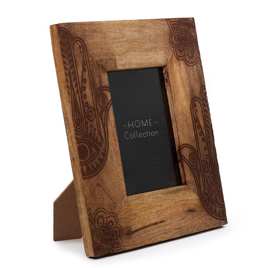 Elegant svart fotoram i mangoträ – 10x15 CM, fotoram i trä för bord med snidat blommönster