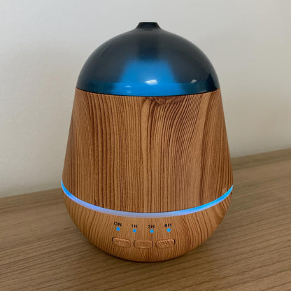 Marseille Atomiser – USB – Colour Change – Timer ultrasonic diffuser with wood-look base, blue dome and timer buttons