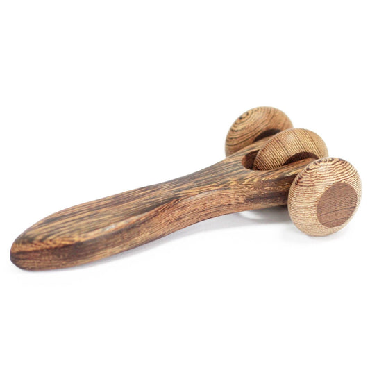 Alt Tag: Massage Tool – Three Disc Roller handcrafted natural wood ergonomic body roller with three rotating discs