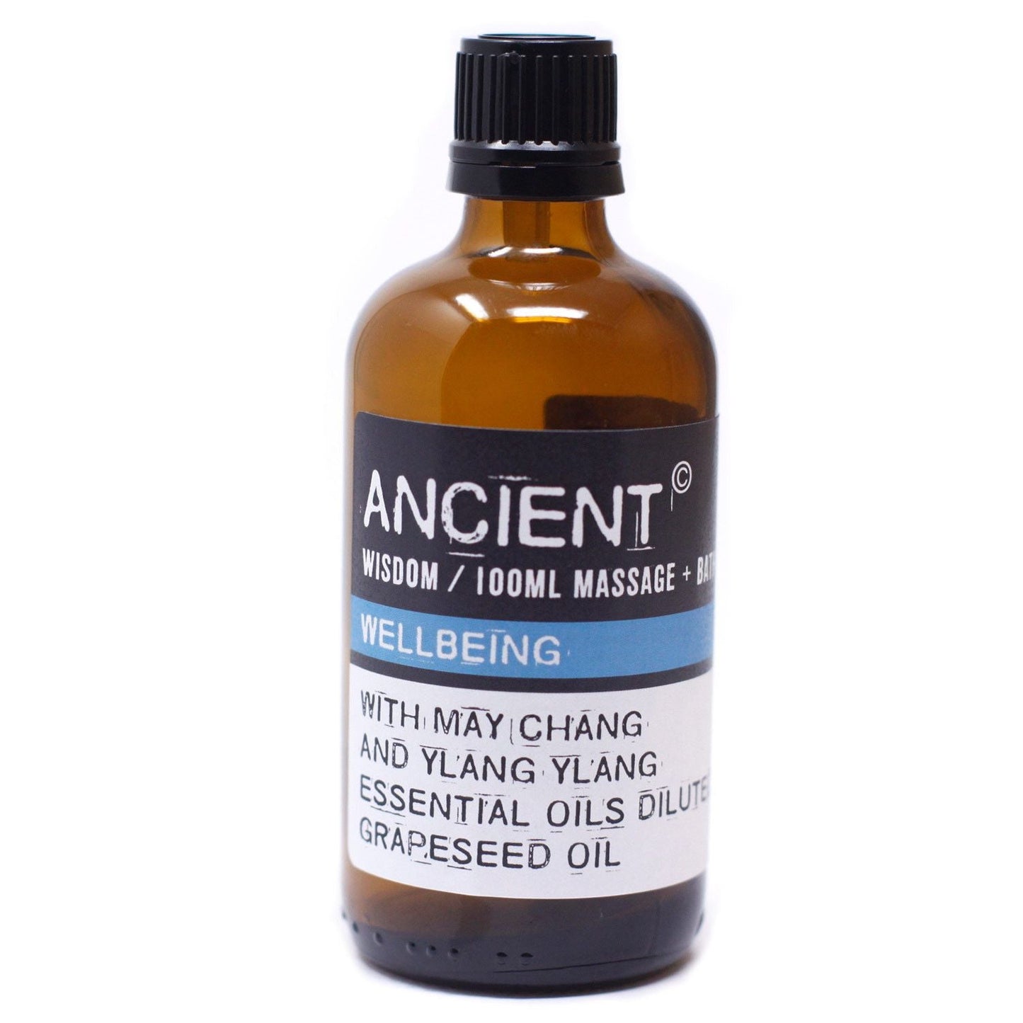 Alt Tag: May Chang massageolja – 100 ML bärnstensfärgad glasflaska med svart kork, massageolja för välbefinnande med May Chang och Ylang Ylang
