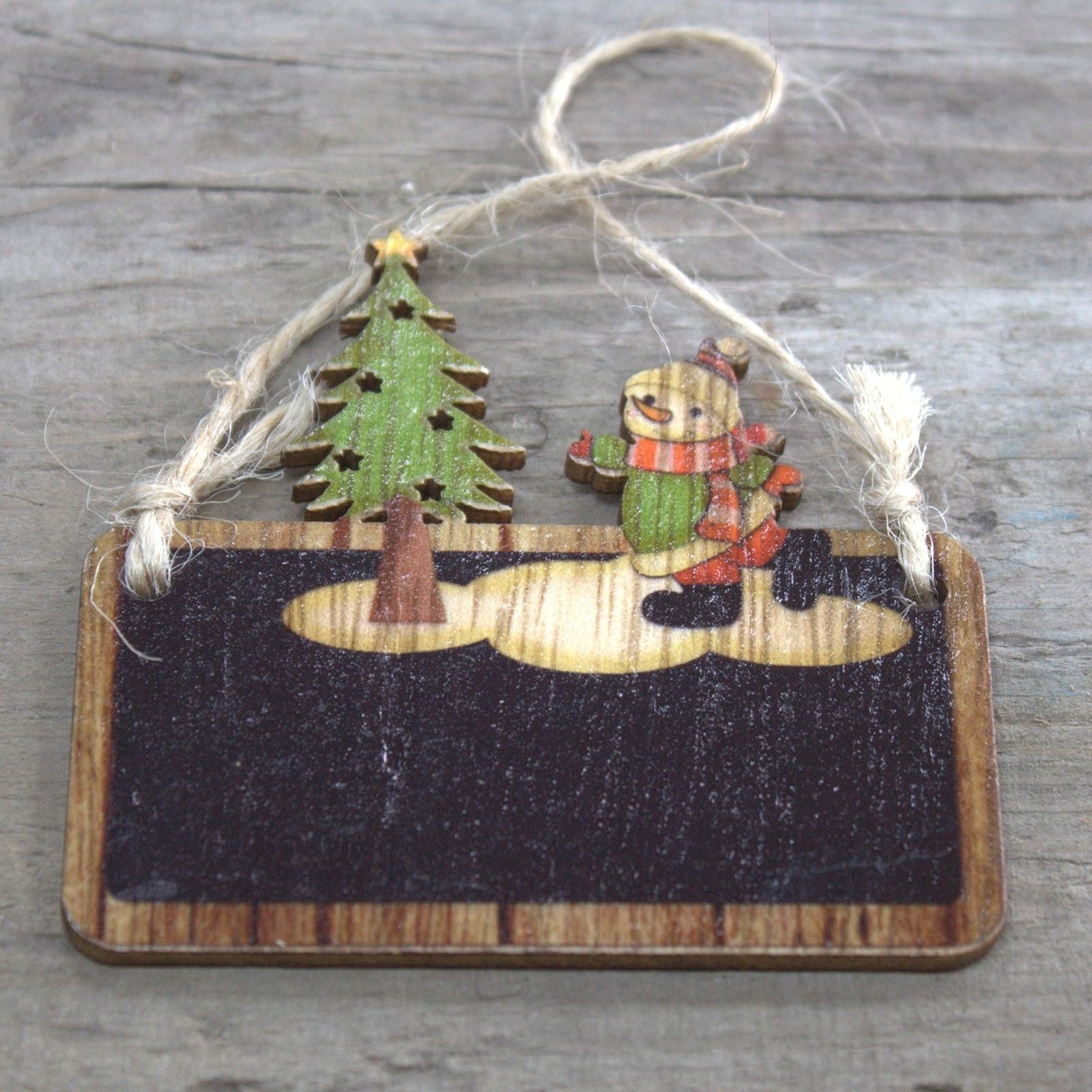 Alt Tag: MDF Christmas Décor – Snowman & Tree Set wooden hanging ornament with snowman and Christmas tree on rustic background