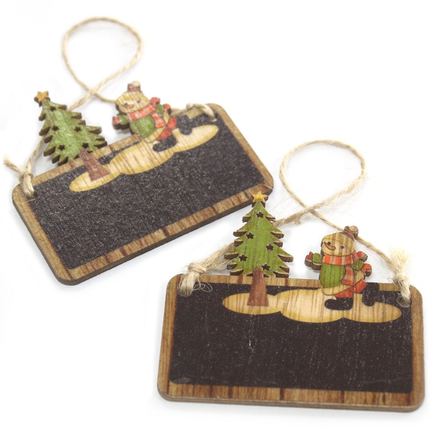 MDF Christmas Décor – Snowman & Tree Set wooden hanging ornaments with chalkboard-style tag, snowman and tree design