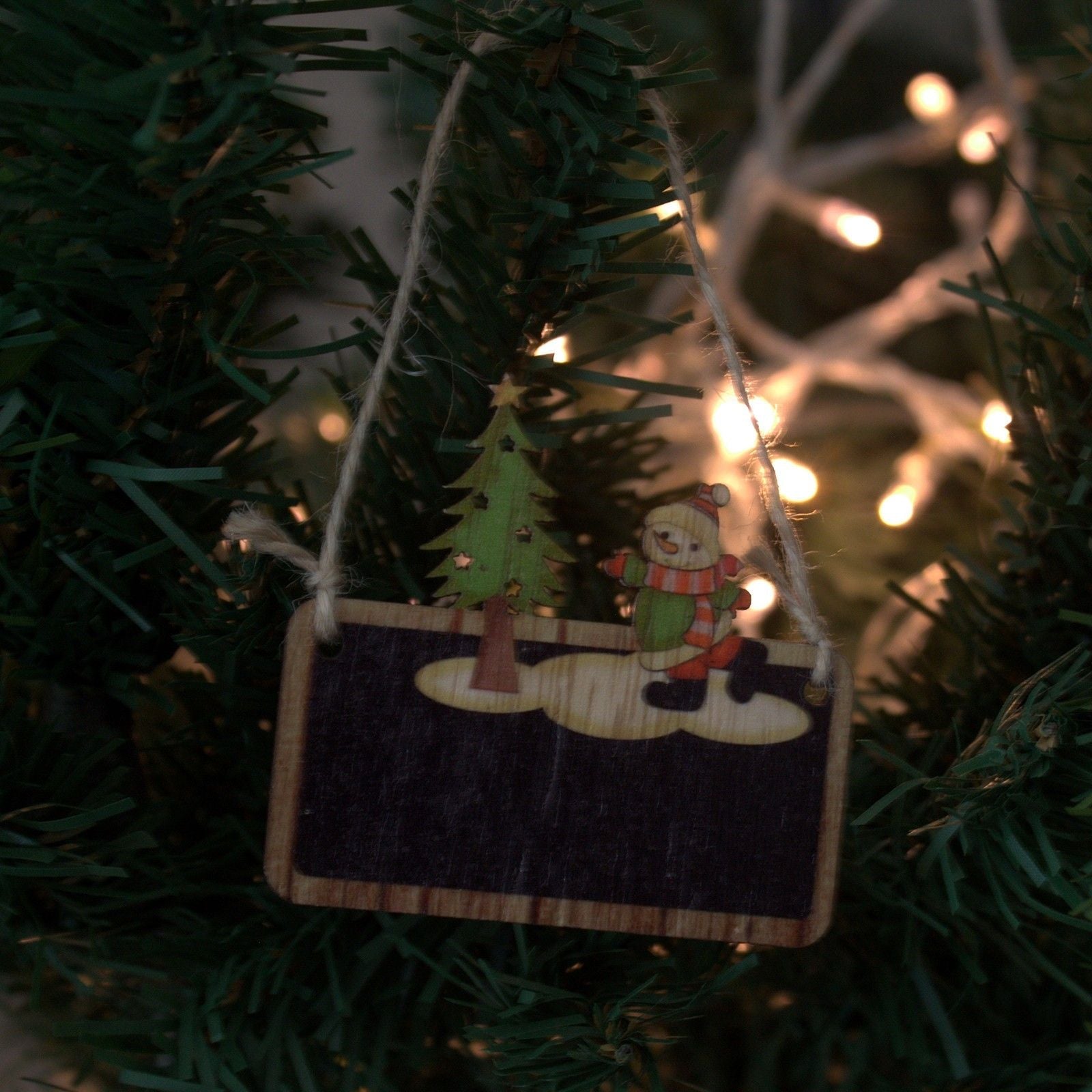 MDF Christmas Décor – Snowman & Tree Set wooden ornament hanging on Christmas tree with warm fairy lights, snowman and tree design