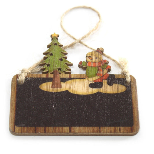 MDF Christmas Décor – Snowman & Tree Set wooden hanging ornament with snowman and Christmas tree on rustic plaque