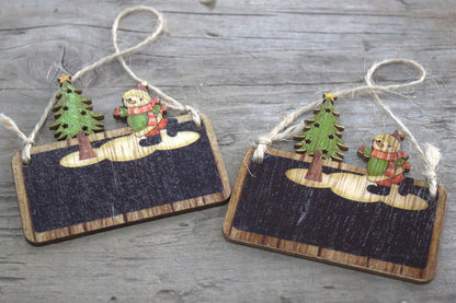 Alt Tag: MDF Christmas Décor – Snowman & Tree Set, wooden MDF hanging ornaments with snowman and Christmas tree on rustic background