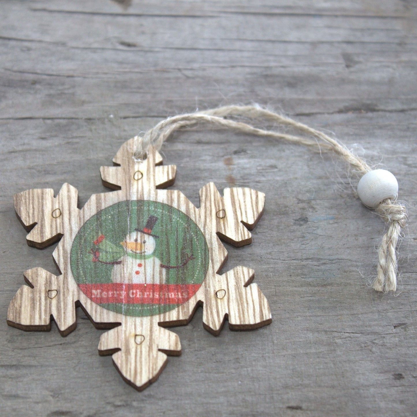 Alt Tag: MDF Christmas Decorations – Snowflake & Snowman Set wooden snowflake ornament with vintage snowman print, hanging string