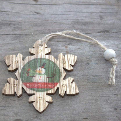 Alt Tag: MDF Christmas Decorations – Snowflake & Snowman Set wooden snowflake ornament with vintage snowman print, hanging string