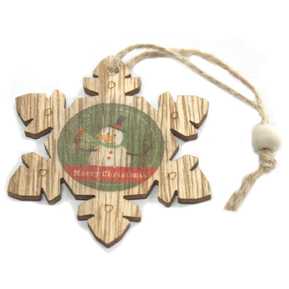 Alt Tag: MDF Christmas Decorations – Snowflake & Snowman Set wooden snowflake ornament with vintage snowman print and hanging string