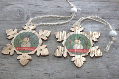Alt Tag: MDF Christmas Decorations – Snowflake & Snowman Set wooden snowflake ornaments with vintage double-sided design, hanging rope