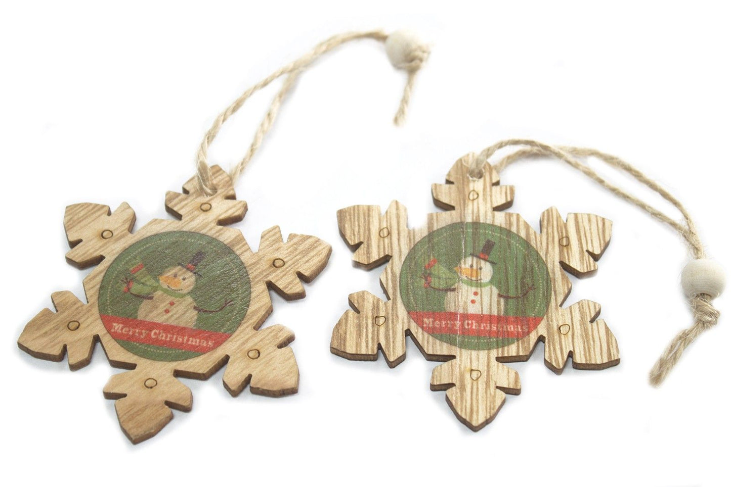 Alt Tag: MDF Christmas Decorations – Snowflake & Snowman Set, double-sided vintage MDF snowflake and snowman hanging ornaments with twine