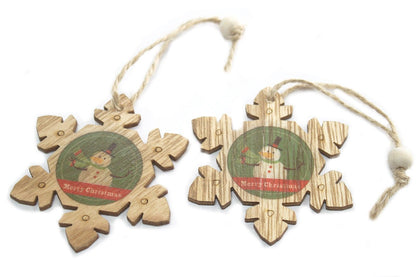 Alt Tag: MDF Christmas Decorations – Snowflake & Snowman Set, double-sided vintage MDF snowflake and snowman hanging ornaments with twine