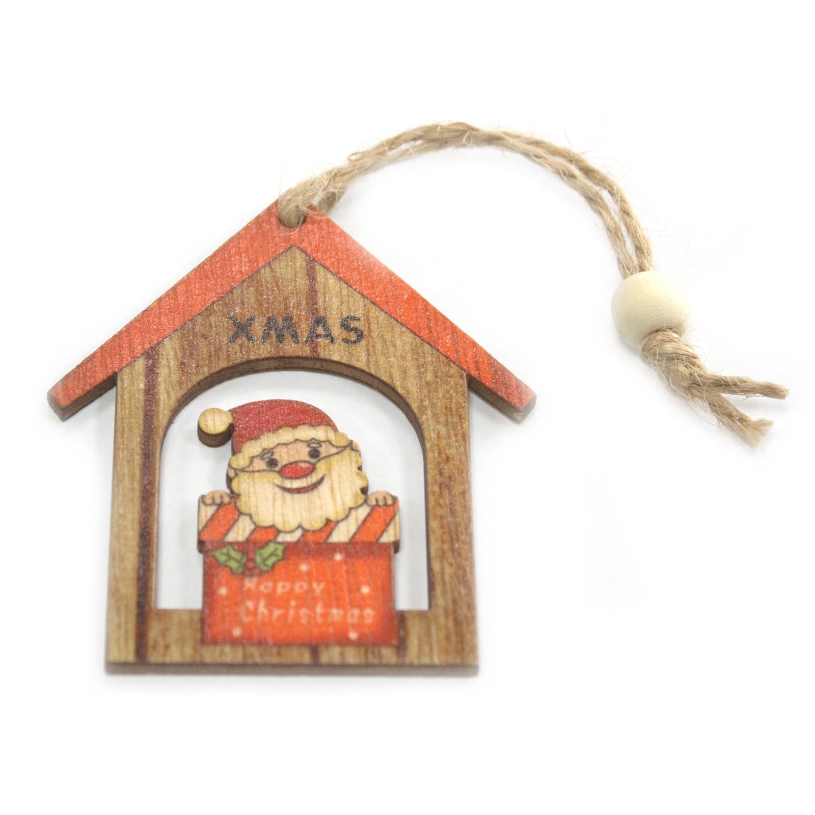 Alt Tag: MDF Christmas Wooden Santas – 7x7 CM (Pack of 2) wooden Santa house ornament with rope hanger, vintage Christmas decor