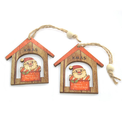 Alt Tag: MDF Christmas Wooden Santas – 7x7 CM (Pack of 2) wooden Santa ornaments with hanging rope, house-shaped Christmas decor