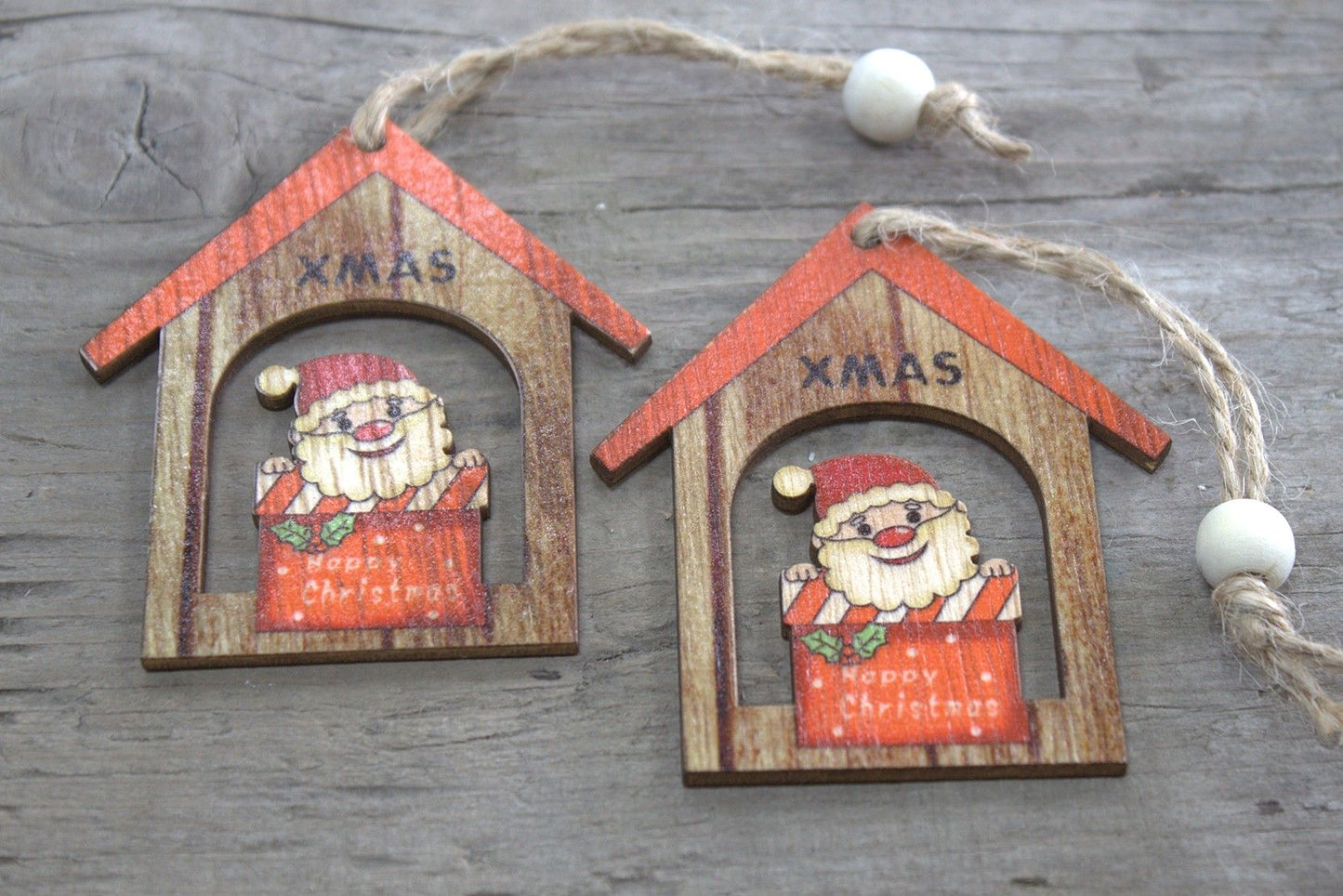 Alt Tag: MDF Christmas Wooden Santas – 7x7 CM (Pack of 2), set of 2 rustic MDF Santa ornaments with hanging string, vintage Christmas decor