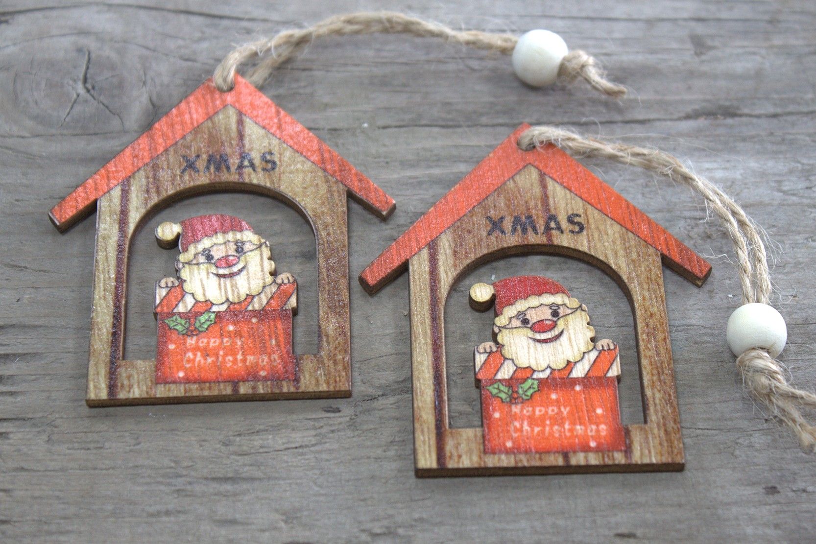Alt Tag: MDF Christmas Wooden Santas – 7x7 CM (Pack of 2), set of 2 rustic MDF Santa ornaments with hanging string, vintage Christmas decor