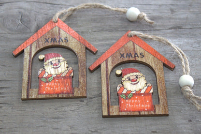 Alt Tag: MDF Christmas Wooden Santas – 7x7 CM (Pack of 2), set of 2 rustic MDF Santa ornaments with hanging string, vintage Christmas decor