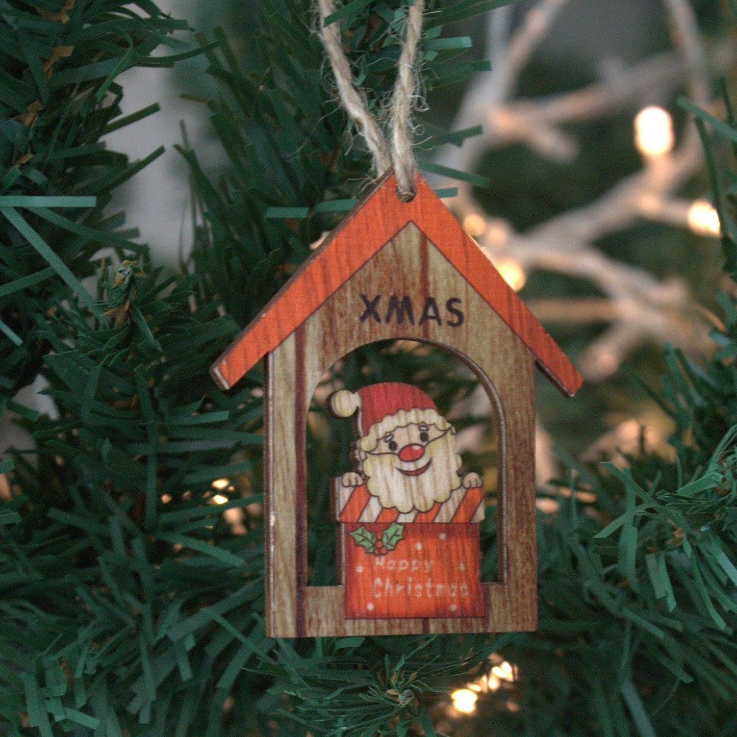 Alt Tag: MDF Christmas Wooden Santas – 7x7 CM (Pack of 2) wooden Santa ornament hanging on Christmas tree, vintage holiday decor