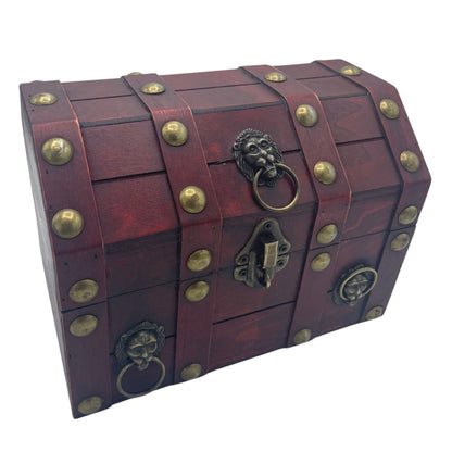 Alt Tag: MDF & Metal Treasure Chest – 21x15.5x16 CM vintage-style rustic red wood chest with metal straps, studs, latch and ring handles