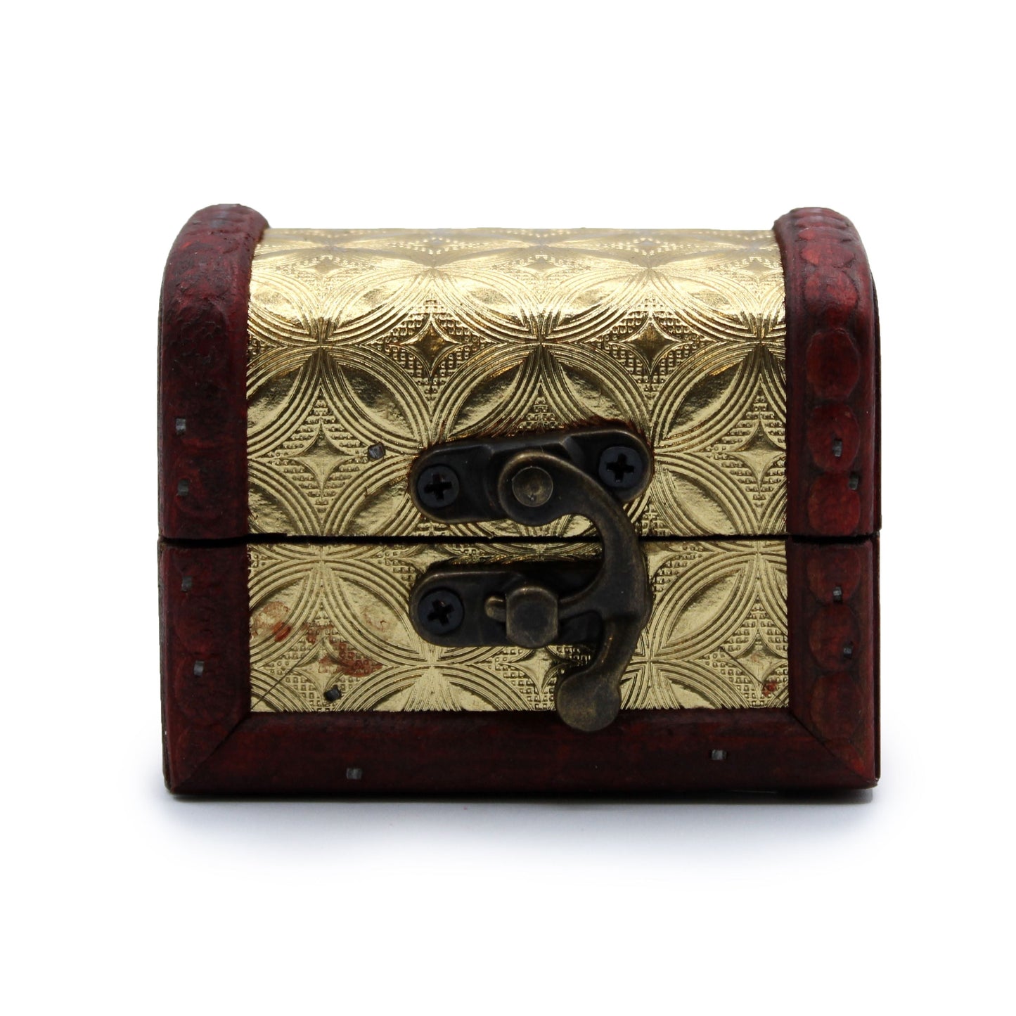 MDF Mini Vintage Boxes – Gold Charm 8x5.5x6 CM mini vintage MDF box with gold embossed lid, brass latch and leather side trim