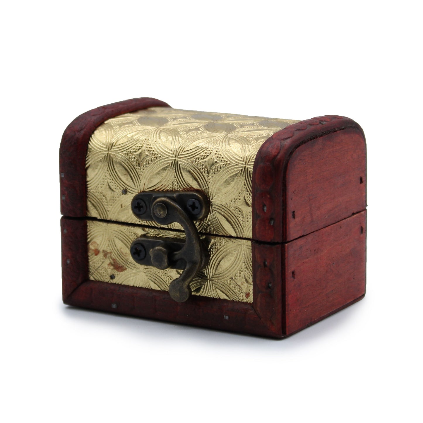 MDF Mini Vintage Boxes – Gold Charm 8x5.5x6 CM mini vintage MDF box with brass latch, gold patterned lid and leather handle
