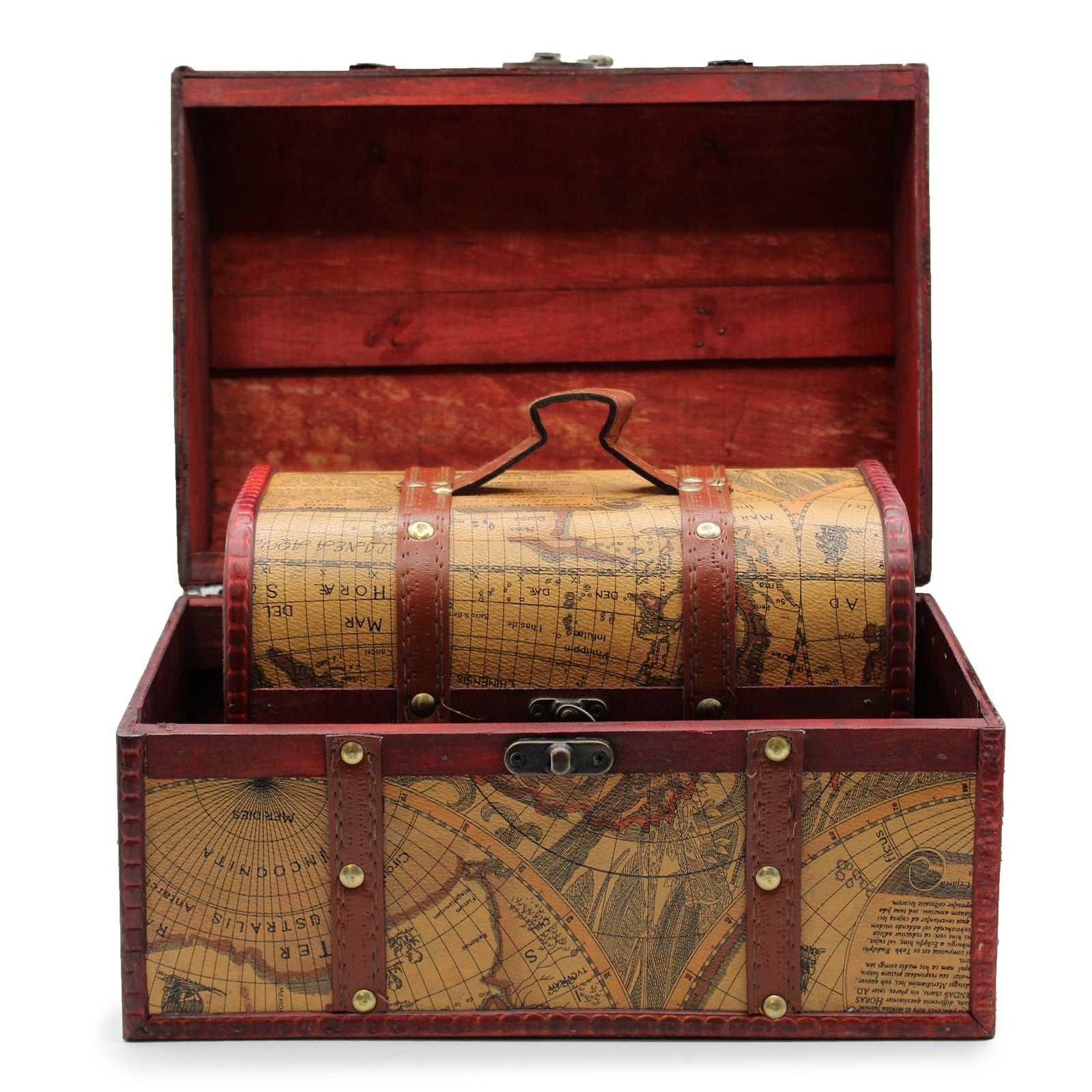 MDF Replica Map Chests – Set mit 3 Map Chests im Vintage-Stil mit Messingbeschlägen und Ledergriff, offene Aufbewahrungsboxen