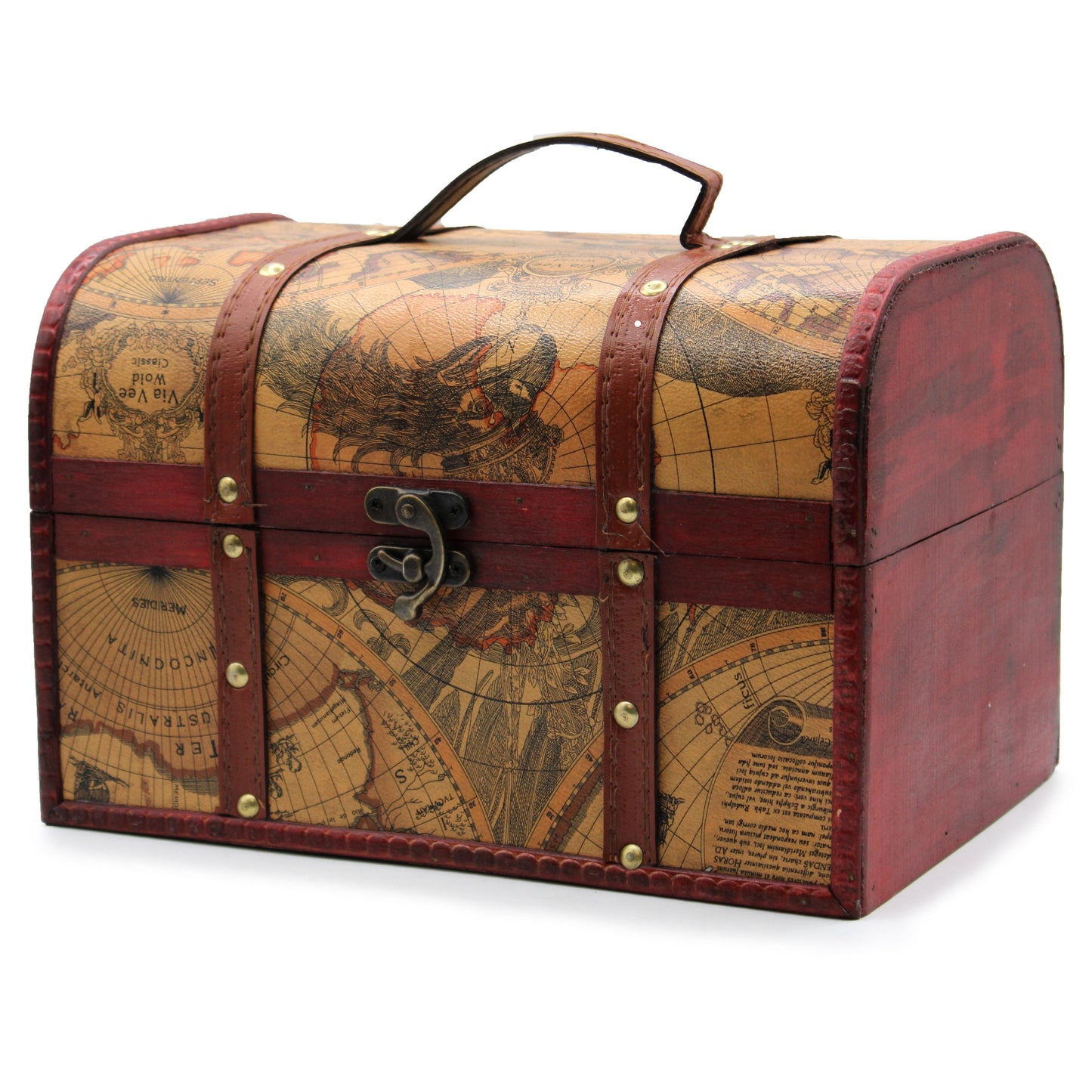 MDF Replica Map Chests – Set aus 3 Aufbewahrungstruhen im Vintage-Kartenprint mit Ledergriff und Messingbeschlägen