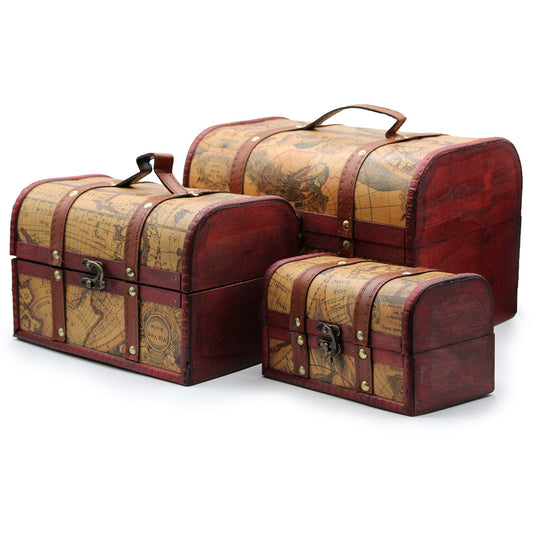 MDF Replica Map Chests – Set aus 3 MDF-Aufbewahrungstruhen im Vintage-Stil mit Karten-Print, Messingbeschlägen und Ledergriffen